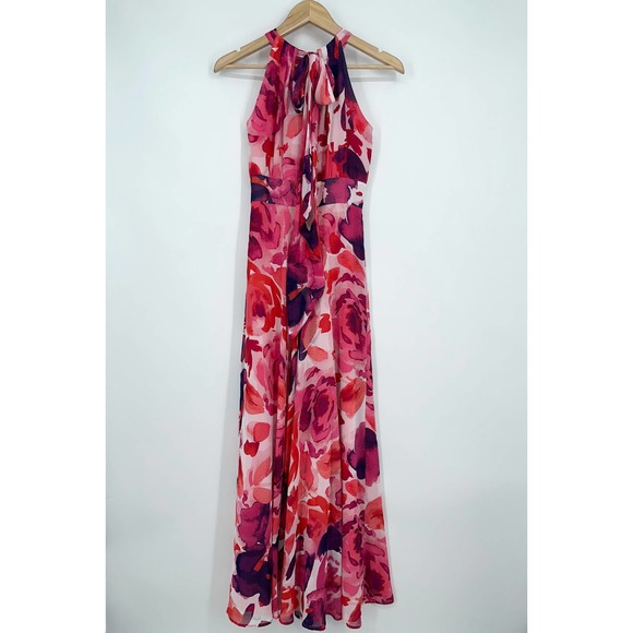 Eliza J Floral Print Halter Maxi Dress Chiffon Sleeveless Long Formal Gown Pink - Picture 8 of 13